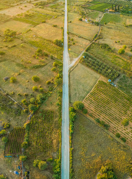 Aerial view of long road in Nerezisca dalmatian village, Brac Island, Croatia.