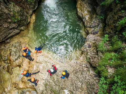 Aerial view of group canyoning.