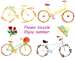 Retro bicycle with flowers and basket hand drawn watercolor set isolated on white background