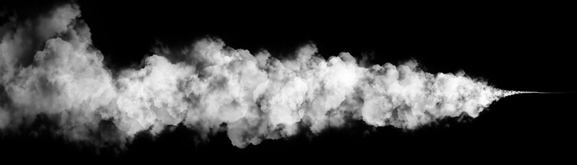 smoke or fog clouds that tapers at the end isolated on black background 