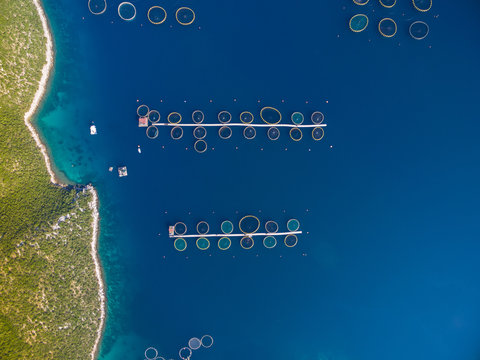 Aerial view of fish farming in Dugi Otok in Croatia