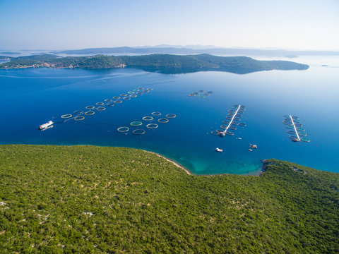Aerial view of fish farming in Dugi Otok in Croatia
