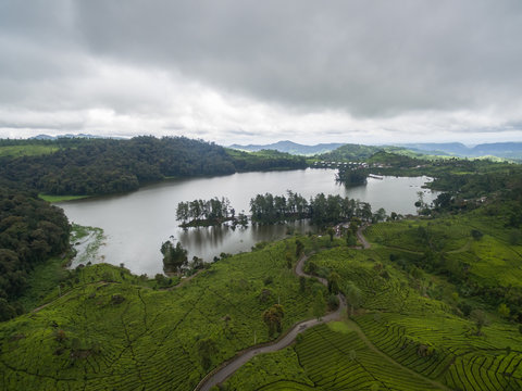Aerial panoramic view of Patenggang Lake, West Java Indonesia.