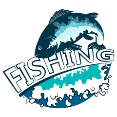 Fish on a blue wave and splashing water