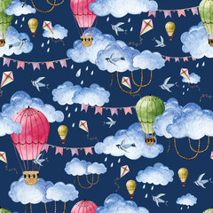 Watercolor pattern with balloons and clouds