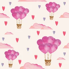 Tapeten Aquarell nahtlose Muster mit Luftballons, Herzen, Wolken. Nahtloses Muster. Perfekt für Textil- oder Geschenkpapier. © Helen