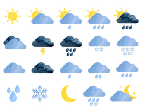 Set of watercolor weather icons. Sun, clouds, rain drops, snowflakes, moon, stars, storm. Perfect for sticker or web design. Isolated on white background.