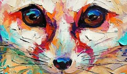 Oil fox portrait painting in multicolored tones. Conceptual abstract painting of a fennec muzzle. Closeup of a painting by oil and palette knife on canvas.