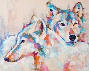 Oil wolf portrait painting in multicolored tones. Conceptual abstract painting of a couple wolves....