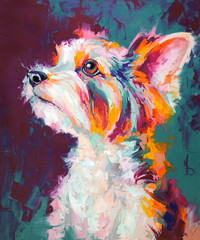 Öl-Hundeportrait-Gemälde in mehrfarbigen Tönen. Konzeptionelle abstrakte Malerei einer Schnauze eines Biewer-Terriers. Nahaufnahme eines Gemäldes mit Öl und Spachtel auf Leinwand.