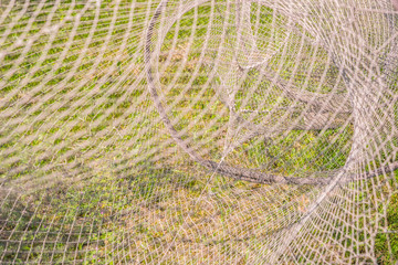 Fishing nets are stretched for drying and repair. The ancient method of drying the network.