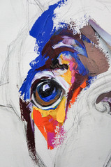 Oil dog portrait painting in multicolored tones. Conceptual abstract painting of a french bulldog muzzle. Closeup of a painting by oil and palette knife on canvas.
