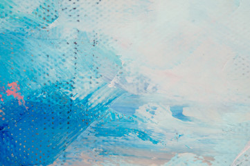 Winter rural landscape of a swedish house. Oil painting in multicolored tones. Conceptual abstract closeup of a painting by oil and palette knife on canvas.