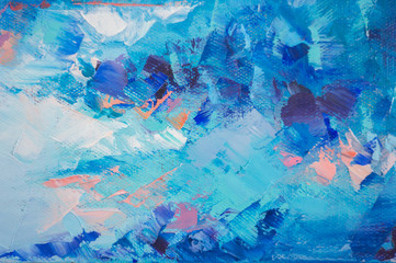 Winter rural landscape of a swedish house. Oil painting in multicolored tones. Conceptual abstract closeup of a painting by oil and palette knife on canvas.