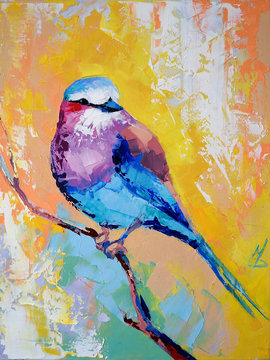 Oil pichuga portrait painting in multicolored tones. Conceptual abstract painting of a bird. Closeup of a painting by oil and palette knife on canvas.