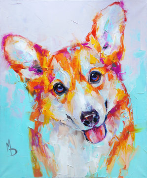 Oil dog portrait painting. Conceptual abstract painting of a welsh corgi pembroke muzzle. Closeup of a painting by oil and palette knife on canvas. © Mari Dein