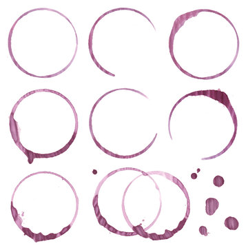 Different red wine stains rings traces from wine glasses