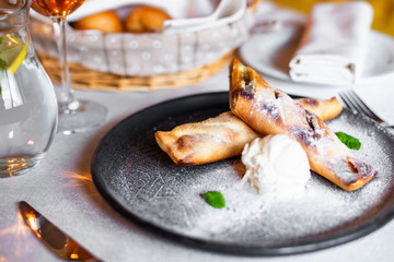 Apple strudel with ice cream