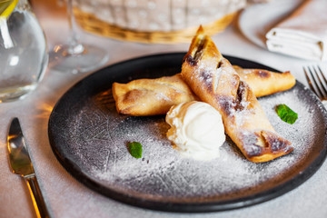 Apple strudel with ice cream