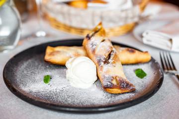 Apple strudel with ice cream