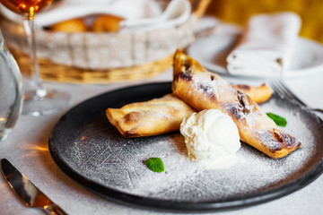 Apple strudel with ice cream