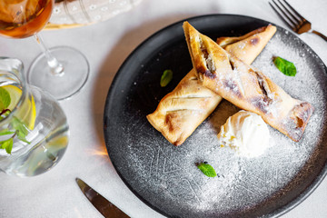 Apple strudel with ice cream