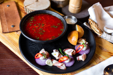 Restaurant dish. Ukrainian borsch