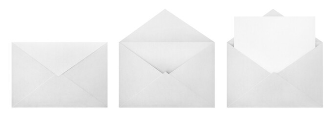 Set of white envelopes (sealed, empty and with a blank paper inside), isolated on white background - obrazy, fototapety, plakaty