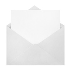 Open white envelope with a blank paper inside, isolated on white background - obrazy, fototapety, plakaty