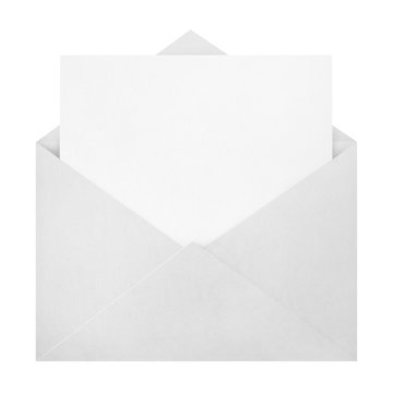 Open white envelope with a blank paper inside, isolated on white background