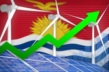 Kiribati solar and wind energy rising chart, arrow up - renewable natural energy industrial illustration. 3D Illustration