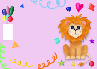 Cute greeting card for kids with lion. birthday invitation with place for text with rose background.