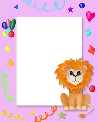 Cute greeting card for kids with lion. Pink frame with shadow Birthday invitation with place for text.