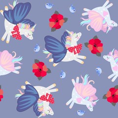 Funny unicorns with butterfly wings and little birds frolic in the sky. Seamless pattern.