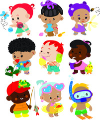 Set of Cute Cartoon Kids, Eating Ice Cream, Strawberry, Lollipop, Drinking Water, Playing and Having Fun on the Beach at Hot and Sunny Summer Day