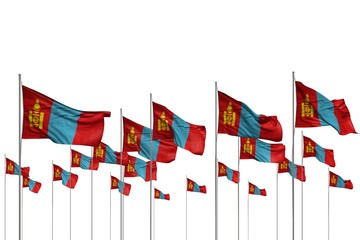 cute day of flag 3d illustration. - many Mongolia flags in a row isolated on white with free place for your content