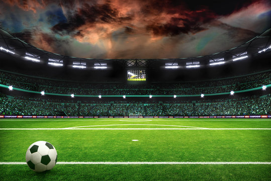 night soccer field with lights and spectors panorama 3d rendering