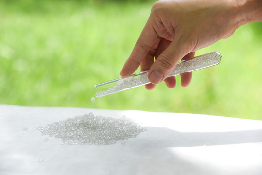 Hand holding Pet polyester chips,Plastic pet polyester chips,Chips bright in test tube with green blurred background.Chemical concept