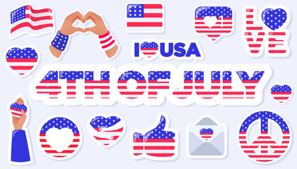 4th of July, United States Independence Day related symbols set. US Flag, Heart, Peace, Thumbs Up, Love Symbols. Stars and Stripes. Flat design signs isolated on background