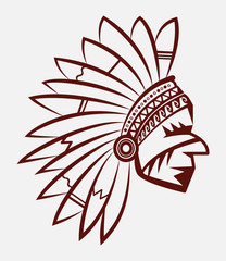 Logo or icon of man Native American Indian chief in a national feather headdress. Wild west emblem.
