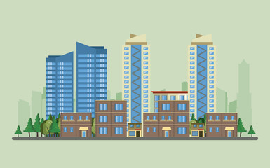 Urban buildings with cityscape scenery banner
