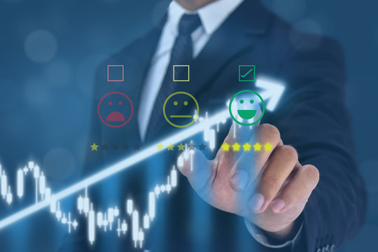 man point hand to the  happy face satisfication with bussiness experiance with graph growth