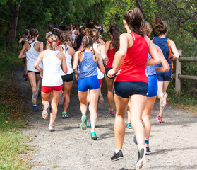 Girls cross country race on dirt path in woods taken from behind