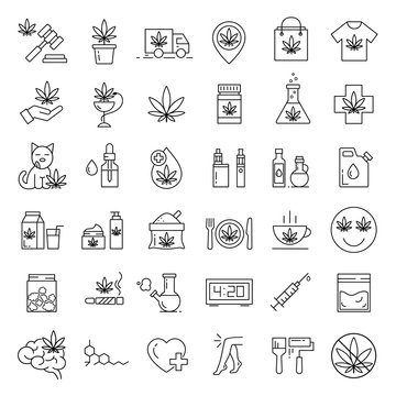 Marijuana icons. Set of medical cannabis icons. Drug consumption. Marijuana Legalization. Isolated vector illustration on white background.