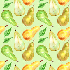 Green, yellow pears and leaves. Seamless pattern. Hand drawn watercolor illustration. Texture for print, fabric, textile, wallpaper.