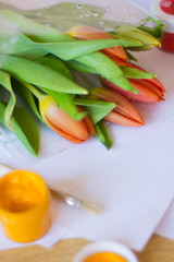 Tulips paper gouache. Draw a postcard. Postcard on March 8. Women's holiday.