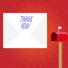 Writing note showing Thank You. Business concept for polite expression used when acknowledging gift service compliment White Envelope and Red Mailbox with Small Flag Up Signalling