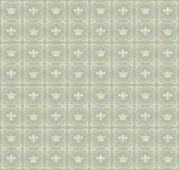 Old fashioned background, seamless pattern with crowns and floral patterns in the vintage style