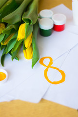 Tulips paper gouache. Draw a postcard. Postcard on March 8. Women's holiday.