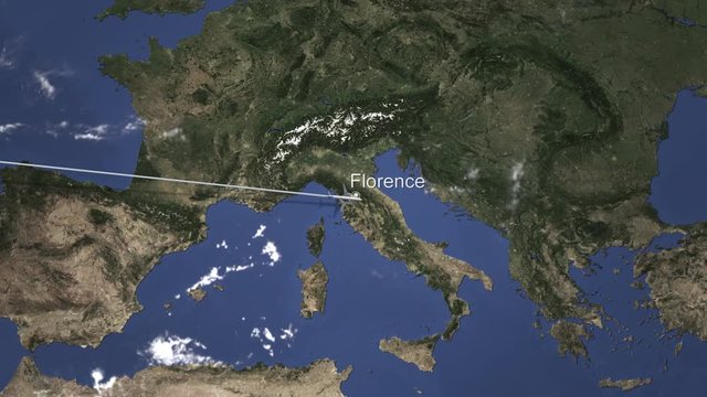 Plane arriving to Florence, Italy from west, intro 3D animation 